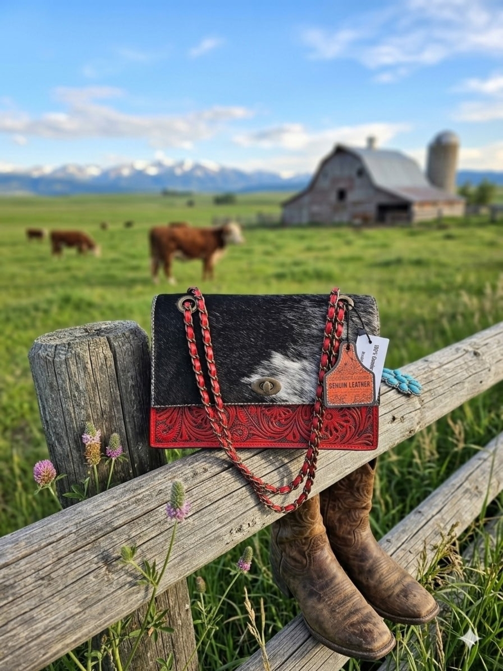 Western Linens Cowhide & Red Tooled Leather Crossbody Bag NWT